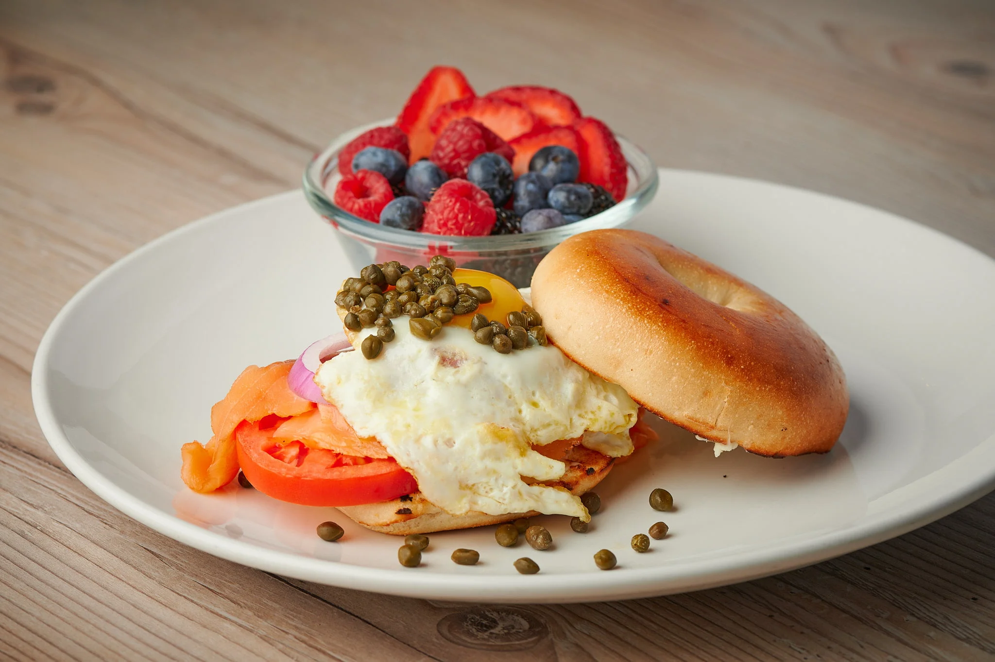 Photograph of a delicious Salmon Bagel, expertly captured in food photography.